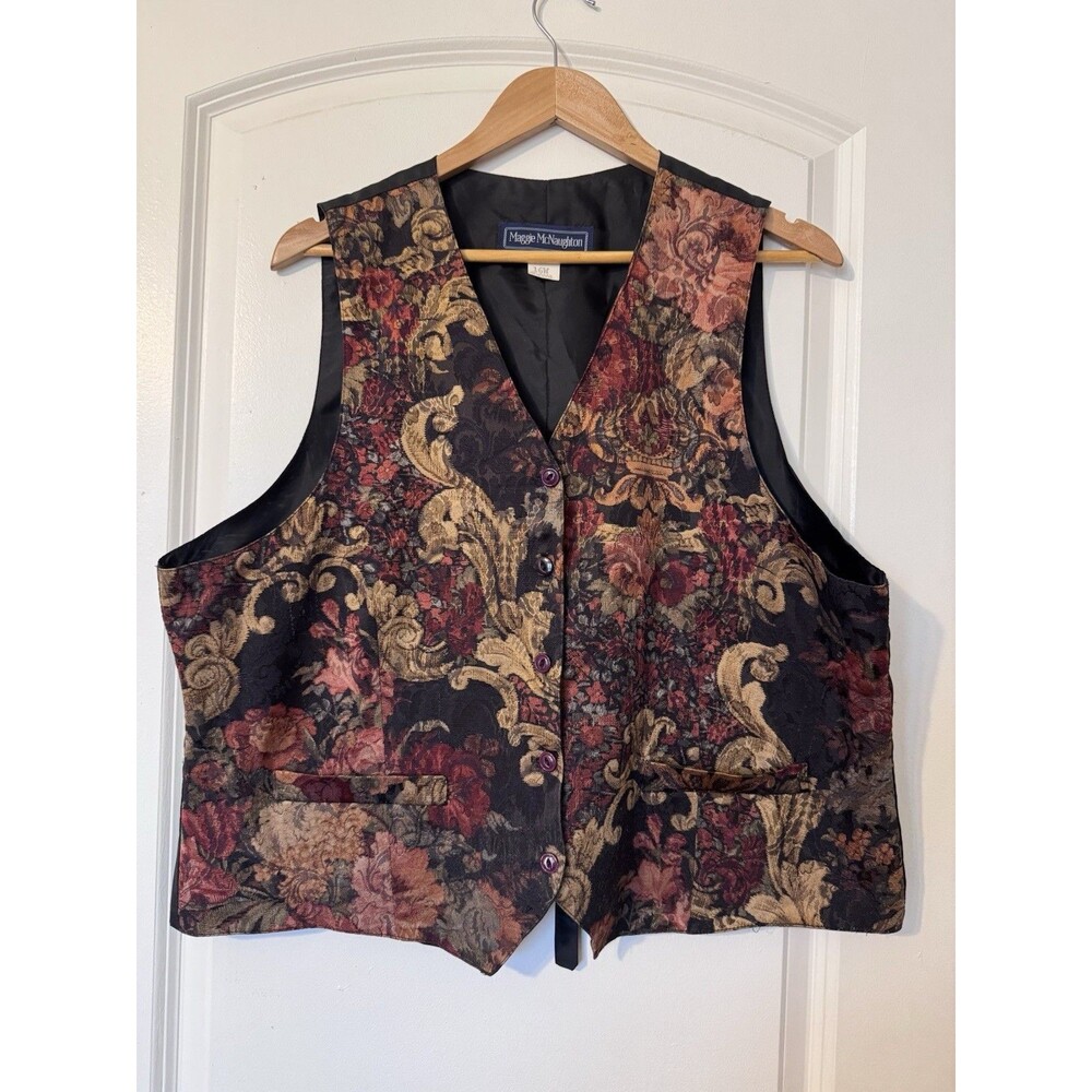 Vintage Maggie McNaughton Floral Vest 18W V-Neck Made in USA Retro 90's Classic